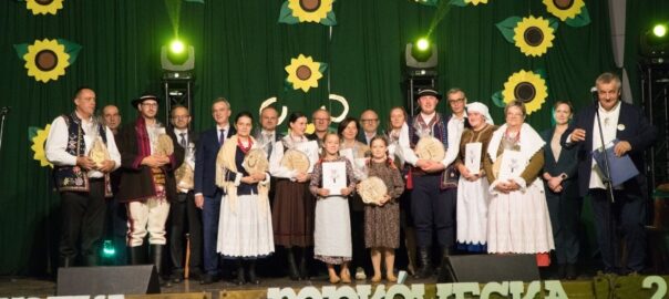 Grupa osób w strojach regionalnych stoi na scenie